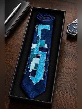 Geometric Navy Silk Tie with Aqua Blue Graphic